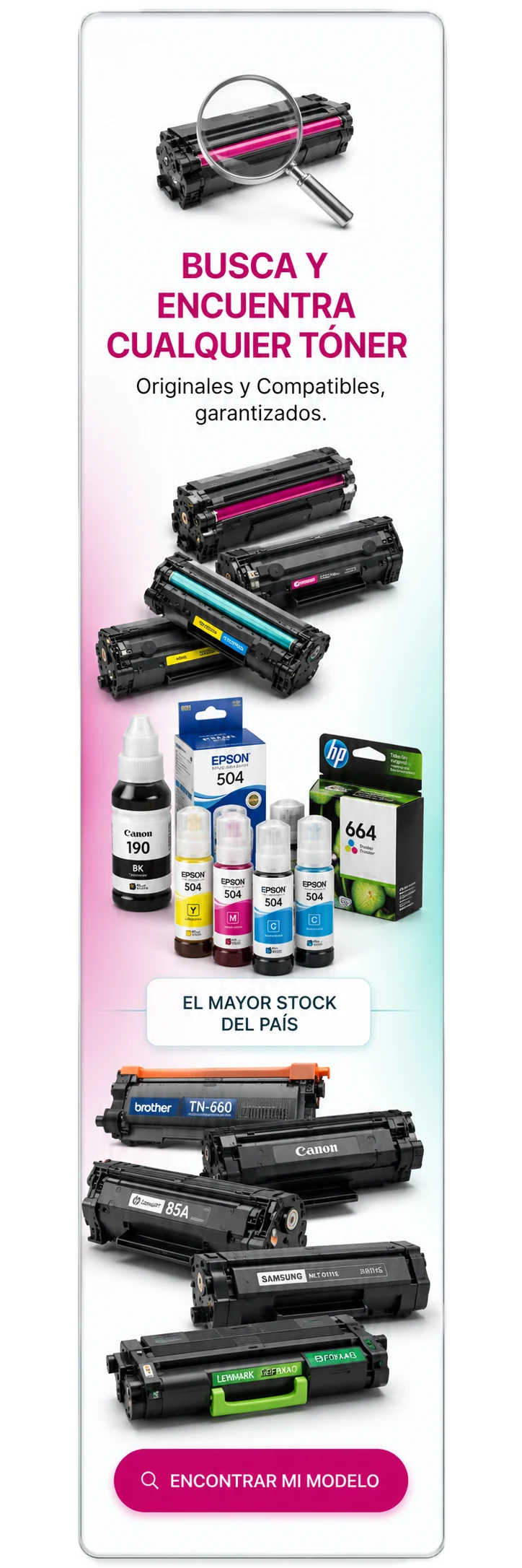 Busca tu tóner en TonerPrint: originales y compatibles garantizados en HP, Canon, Brother, Epson, Samsung, Kyocera y Xerox.