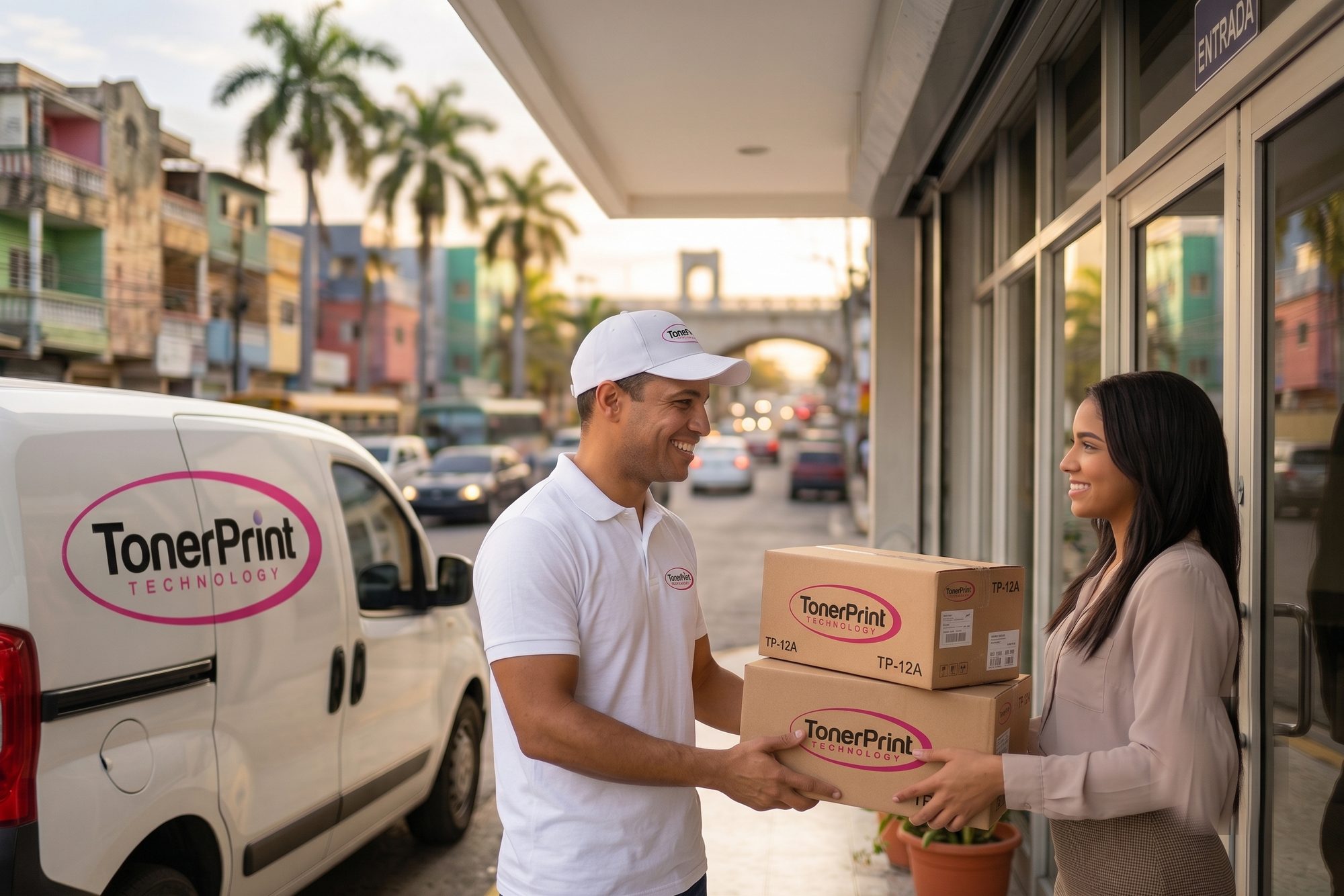 Mensajero de TonerPrint entregando cajas de tóner en la puerta de un negocio en Santo Domingo